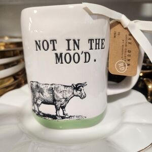 Rae Dunn Cream and Green Cow Mug "NOT IN THE MOO'D."